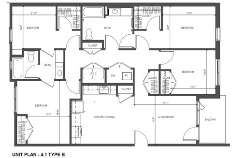 Floor plan for 4 beds, 2 baths, 1403 sqft